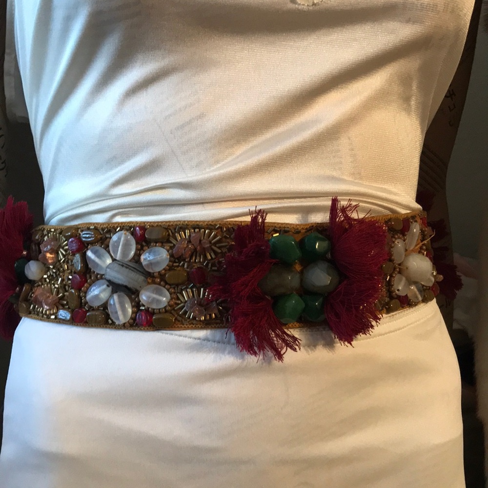 Vintage Boho Embellished Stone Beaded Gold and Red Tassel Tie Adjustable Belt